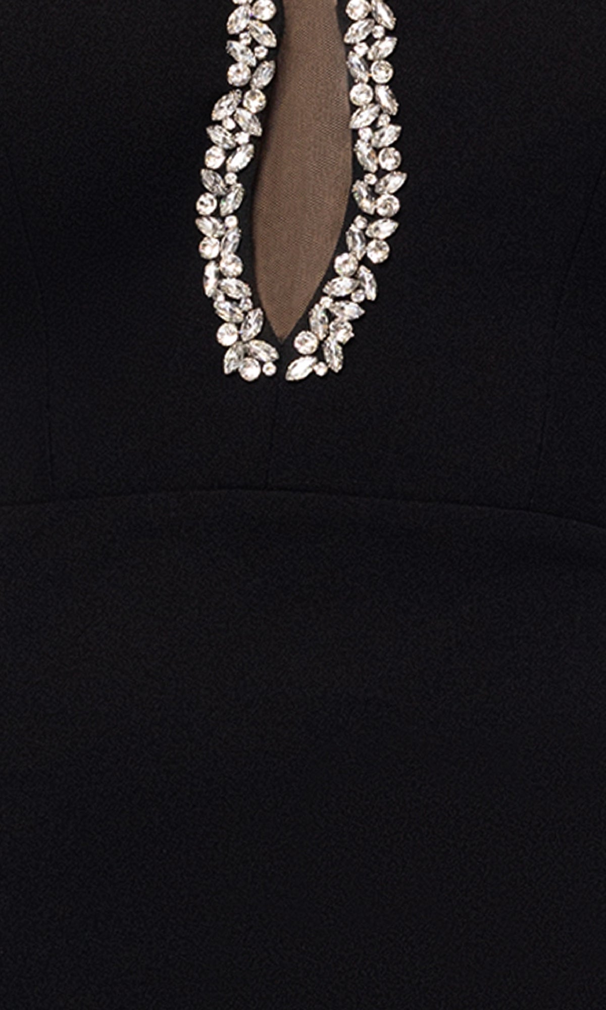 Close-up of the Long Black Formal Dress: Blondie Nites 5529BN, featuring a teardrop-shaped neckline adorned with silver rhinestones that highlight its elegant design.